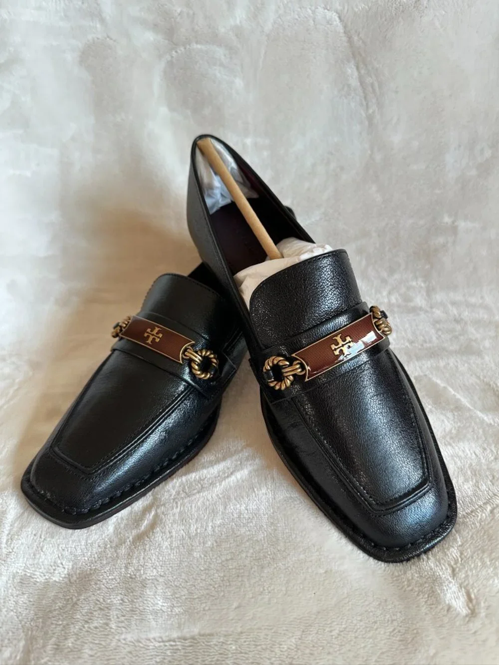 NIB Tory Burch Perrine Loafer Shoes Square Toe Logo Leather In Black Size 7